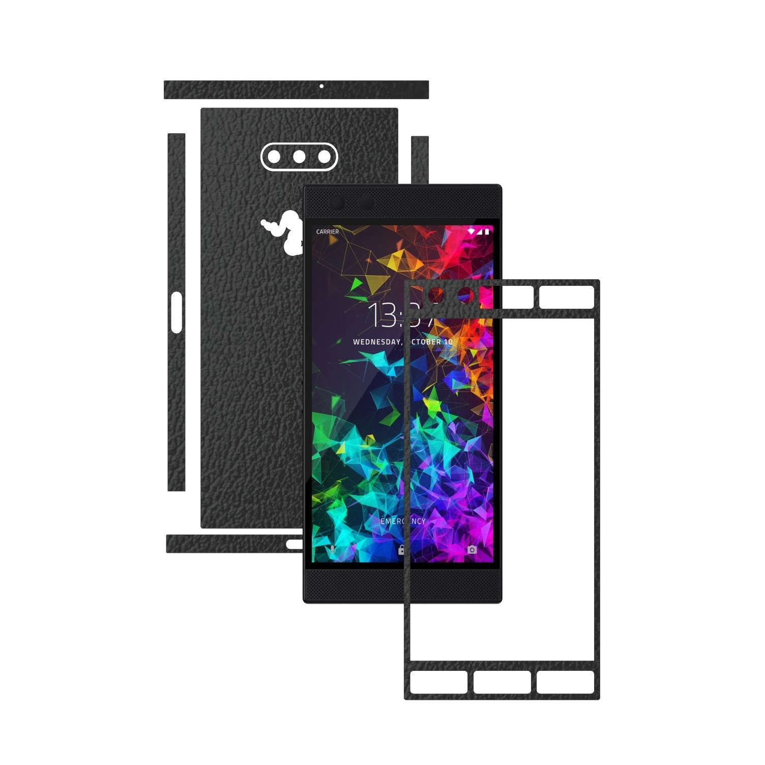 Folie Protectie Carbon Skinz pentru Razer Phone 2 - Piele Neagra Split Cut, Skin Adeziv Full Body Cover pentru Rama Ecran, Carcasa Spate si Laterale