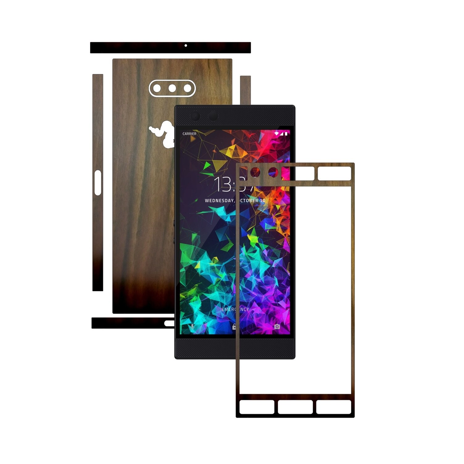 Folie Protectie Carbon Skinz pentru Razer Phone 2 - Lemn Nuc Split Cut, Skin Adeziv Full Body Cover pentru Rama Ecran, Carcasa Spate si Laterale