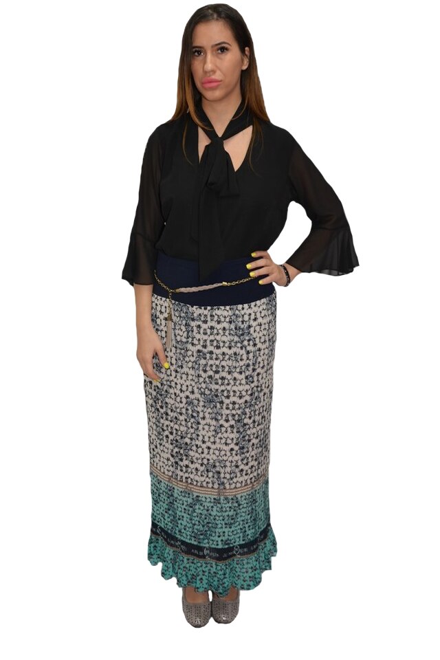 Fusta lunga primavara,model plisat,imprimeu deosebit,D&J Exclusive, Turcoaz