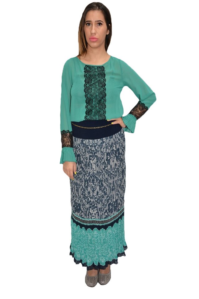 Fusta dama, de vara, lejera, lunga, cu design vintage, D&J Exclusive, Turcoaz