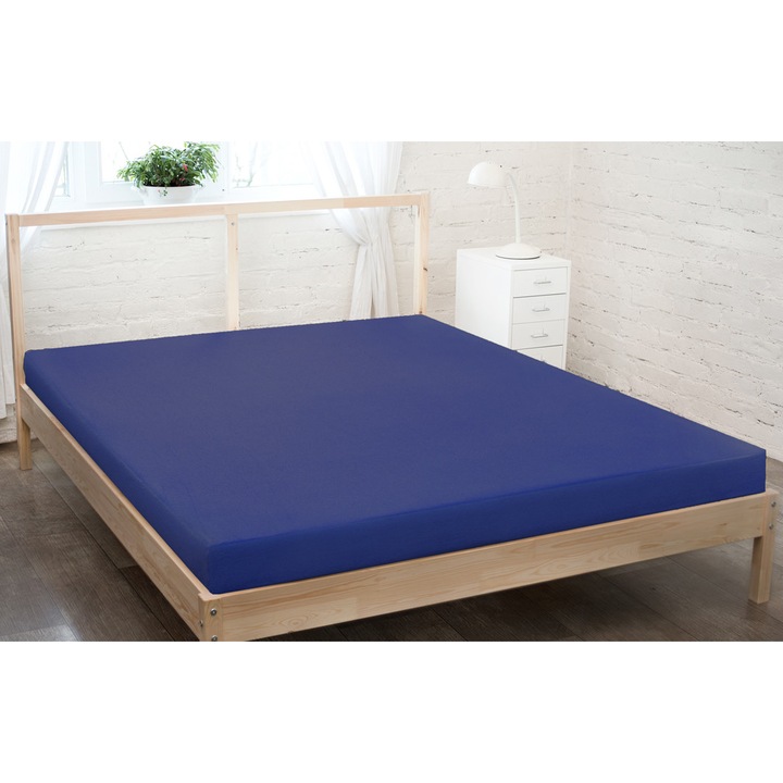 Cearceaf de pat cu elastic, Bumbac/Poliester, 180x200 cm, Bleumarin