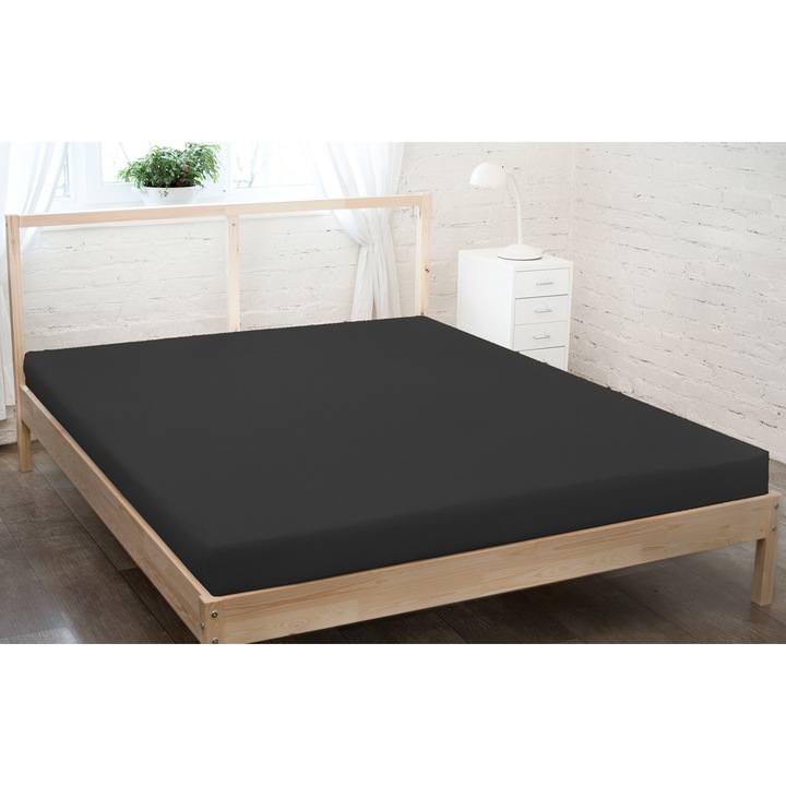 Cearceaf de pat cu elastic, Bumbac/Poliester, 120x200 cm, Negru