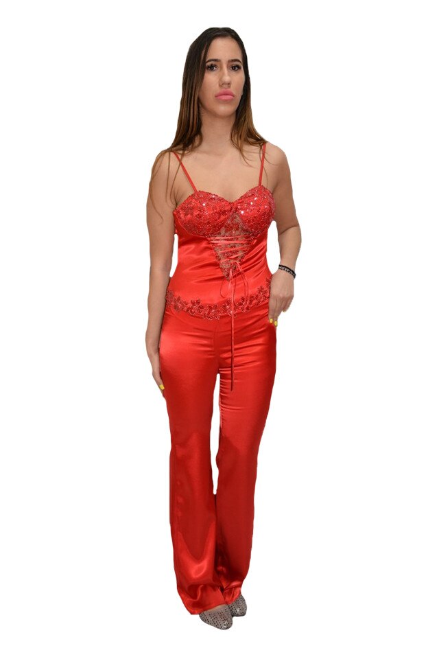 Costum elegant saten,design dantelat,D&J Exclusive, Rosu