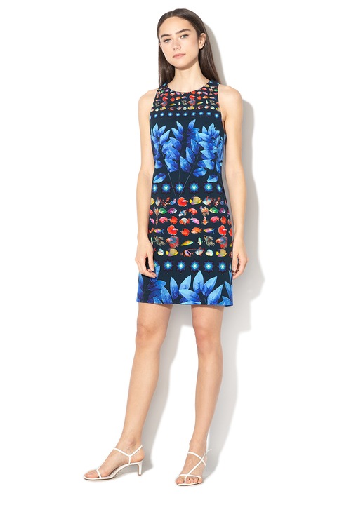 DESIGUAL, Rochie cambrata cu imprimeu grafic Martina, Coral/Roz/Bleumarin, S