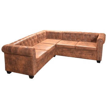 Canapea Chesterfield in forma de L, 5 locuri, vidaXL, piele artificiala, maro, 205 x 205 x 73 cm Canapea Chesterfield in forma de L, 5 locuri, vidaXL, piele artificiala, maro, 205 x 205 x 73 cm