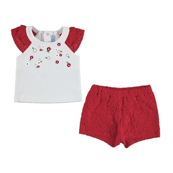 Set Mayoral cu tricou si bermude dantela pentru bebe fetita, Alb/Rosu Set Mayoral cu tricou si bermude dantela pentru bebe fetita, Alb/Rosu