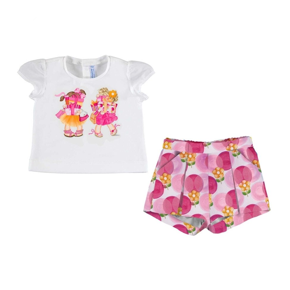 Set Mayoral cu tricou si bermude dantela pentru bebe fetita, Alb/Roz