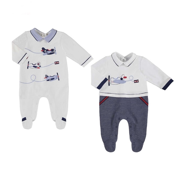Set pijama salopeta Mayoral cu avioane brodate pentru bebe baiat, Alb/Bleumarin, 70 CM