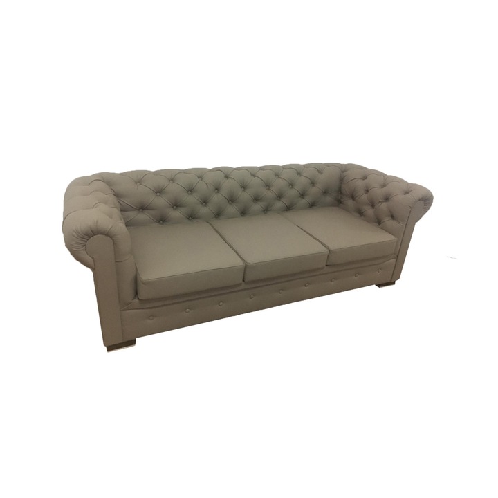 Canapea fixa Chesterfield, MobAmbient, Crem, piele ecologica, 220 x 95 cm