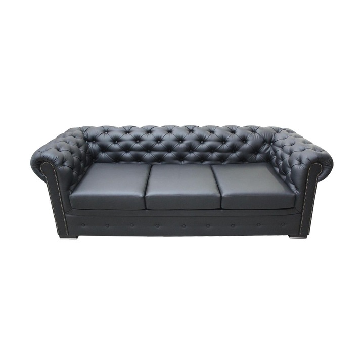 Canapea fixa Chesterfield, MobAmbient, Negru, piele ecologica, 220 x 95 cm