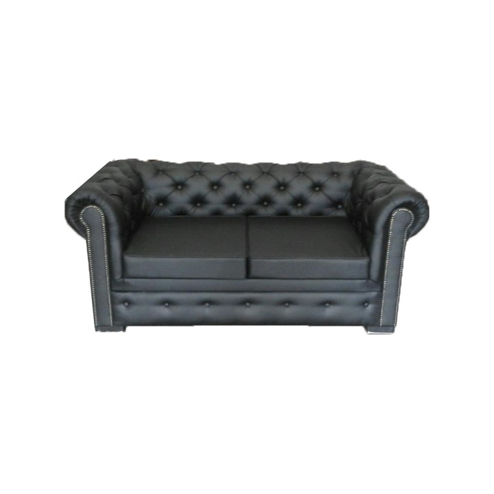 Canapea fixa Chesterfield, MobAmbient, Negru, piele ecologica, 180 x 100 cm