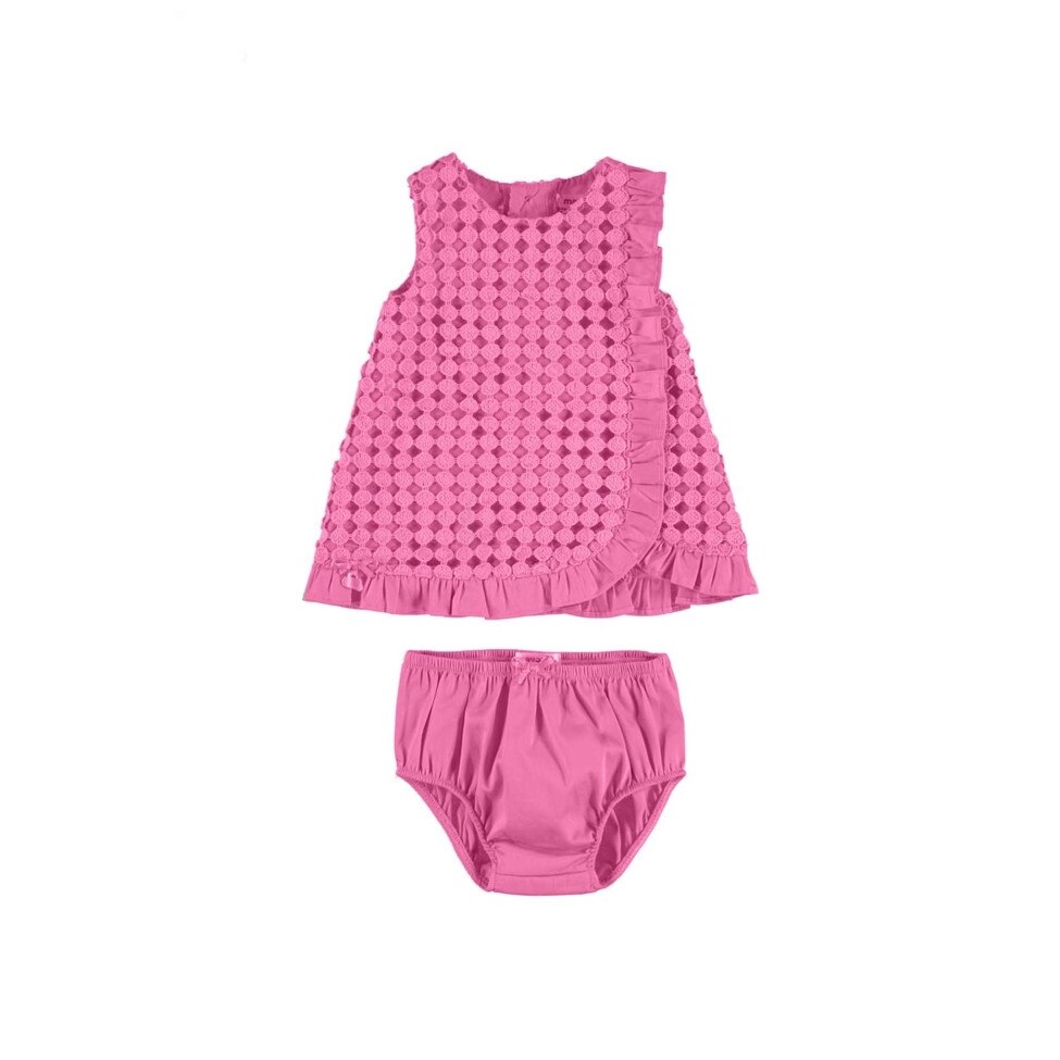 Rochie guipur Mayoral cu dantela si volanase + chilotei pentru bebe nou-nascut, Fucsia, 70 CM