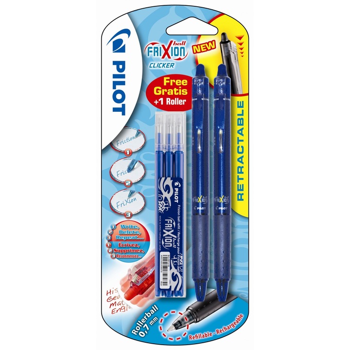 Set 2 Rollere plus rezerve Pilot Frixion Clicker 0.7 mm, albastru