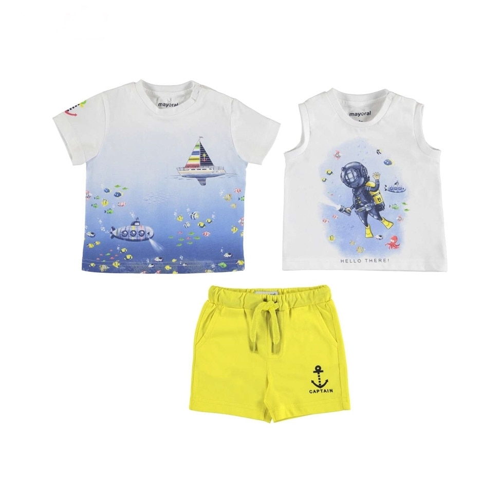 Set Mayoral cu tricou, maieu si pantaloni scurti cu imprimeu bebe nou-nascut, Multicolor, 92 CM