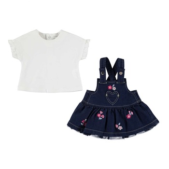 Set Mayoral cu sarafan din denim si tricou cu maneca scurta, Alb/Denim Set Mayoral cu sarafan din denim si tricou cu maneca scurta, Alb/Denim