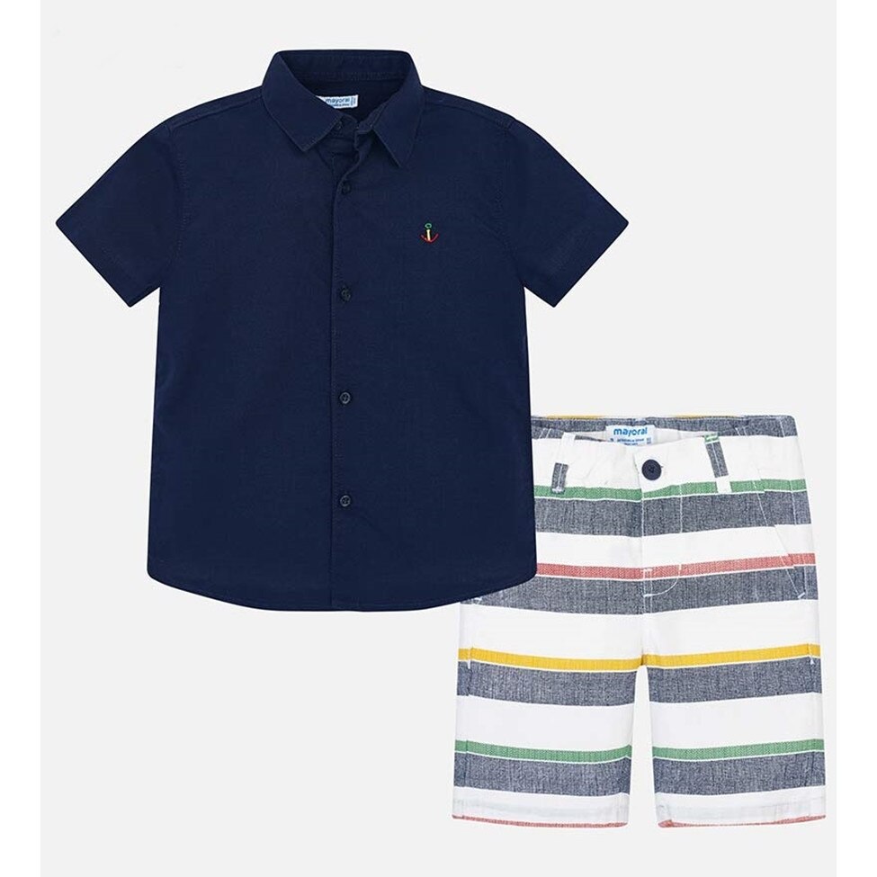 Set Mayoral cu camasa si bermude in dungi pentru baiat, Alb/Bleumarin, 110 CM