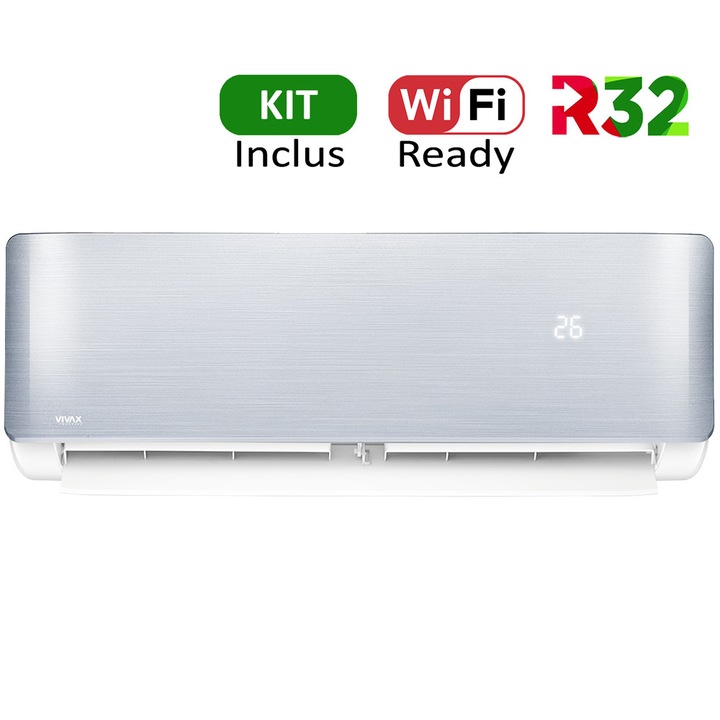 Aer conditionat Vivax ACP-09CH25AERI SILVER R-Design Wi-Fi Ready, R32, Kit de instalare inclus, Inverter, 9000 BTU/h, Clasa A++, Ionizator, I feel, Autodiagnoza, Autocuratare, Autodetectie scurgeri freon, filtru Bio, filtru Anti-Praf, ECO-Mode