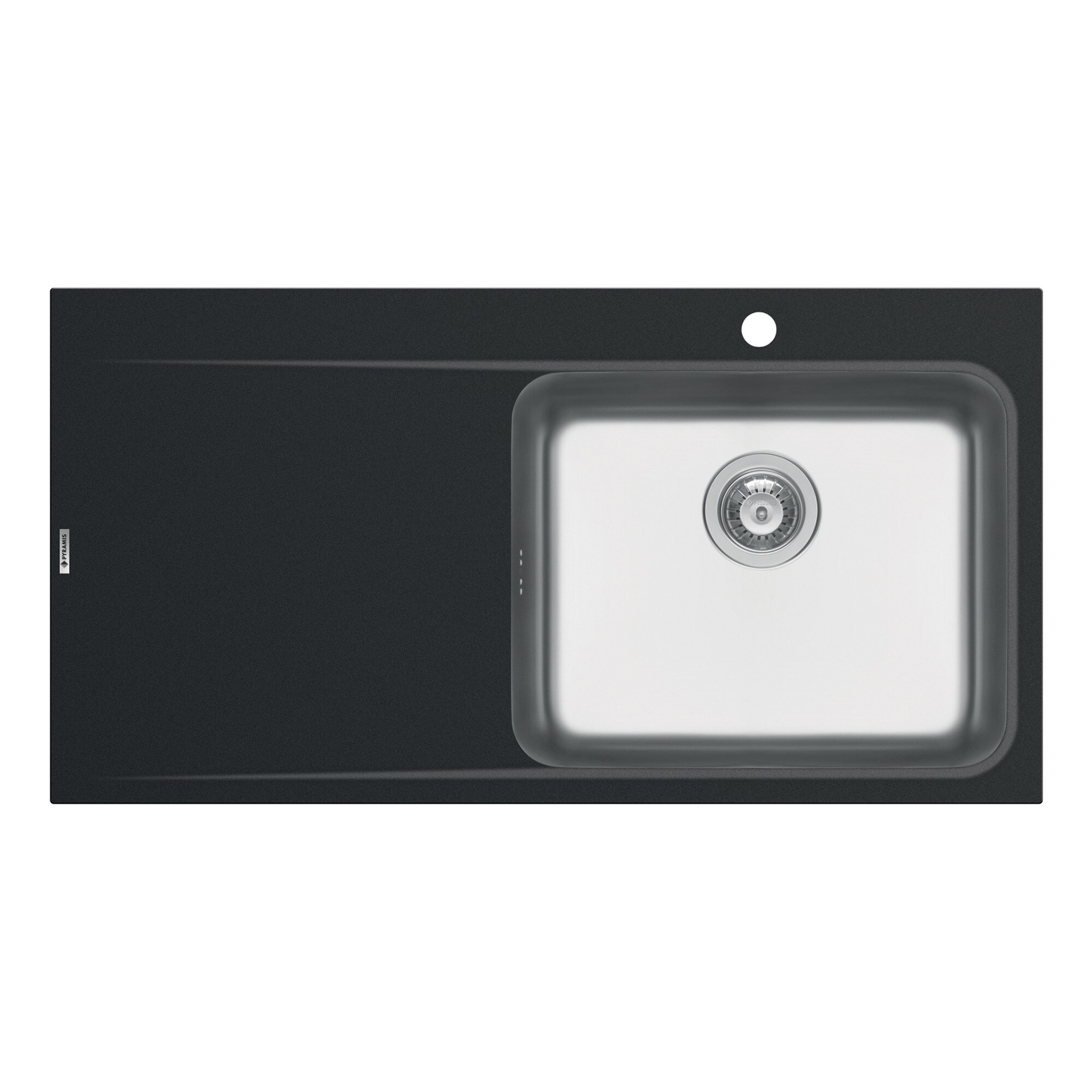 Chiuveta granit Pyramis PYRROS 1000x520mm, 1 cuva si 1 picurator, adancime 190mm, cuva dreapta, finisaj inox si pyragranite carbon