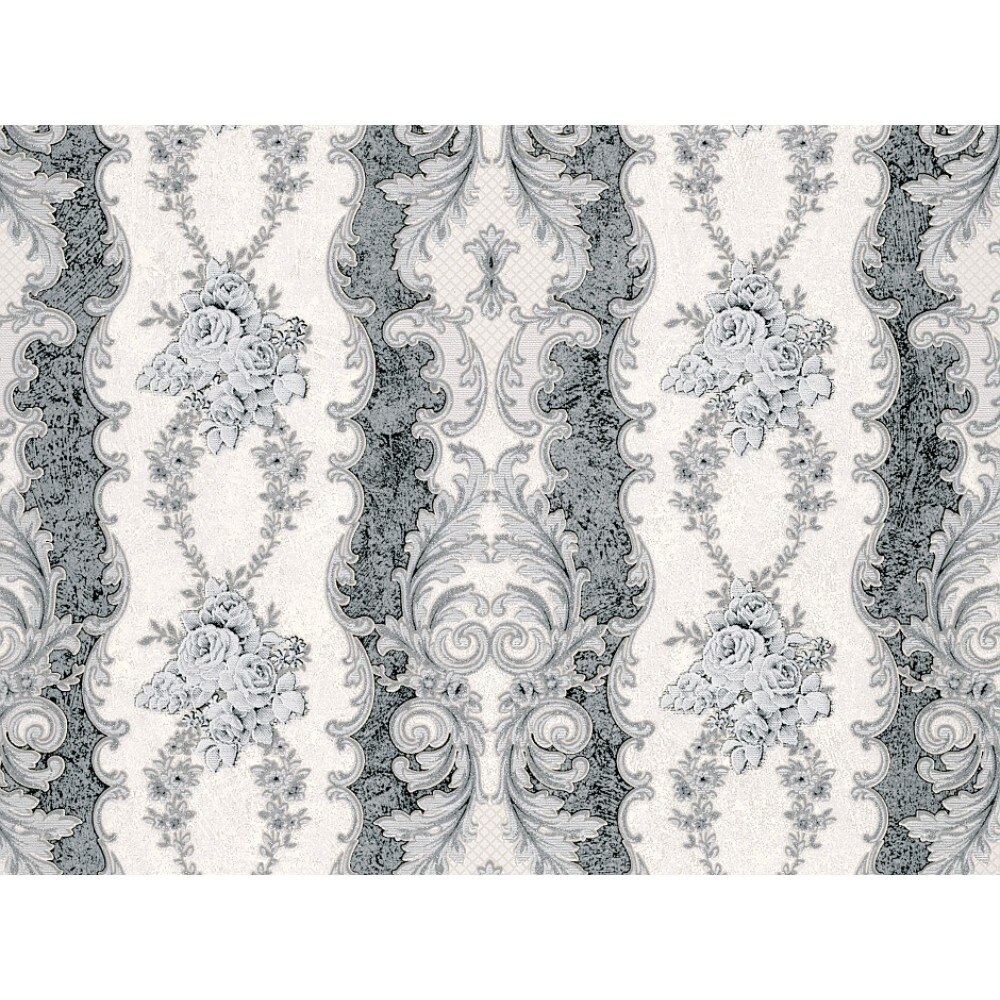 Tapet Slavyanski Oboi, Lidia 5501-10, model clasic cu flori, gri-alb, lavabil, vinil, pentru living sau dormitor