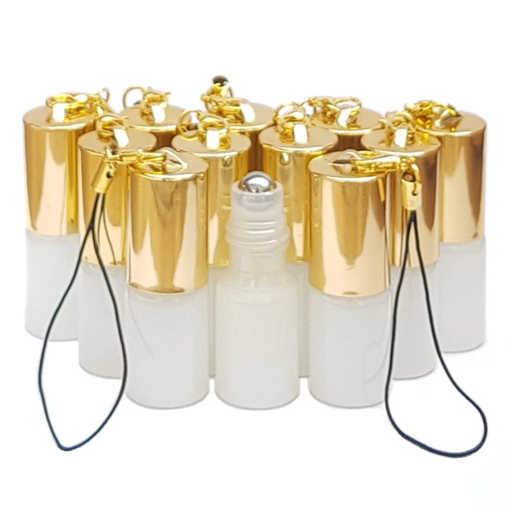Függő Roll-on gyöngy fehér folyadéküvegek, arany színű kupakkal, 3 ml, 12 db / készlet
