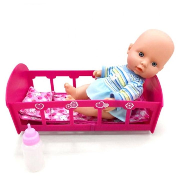 Детска Играчка Говорещо бебе с легло с аксесоари , Розово