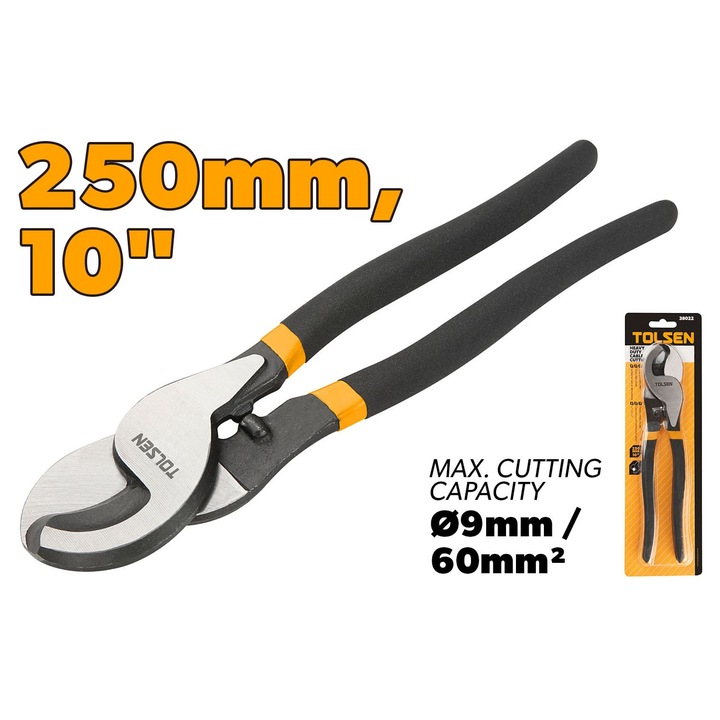 Cutter cabluri TOLSEN 250 mm (10"), heavy duty, otel carbon forjat, maner inclinat ergonomic, pentru taiere precisa in conditii dificile, durabil si robust, maner inclinat antiderapant pentru confort maxim, lama din otel carbon forjat calitat
