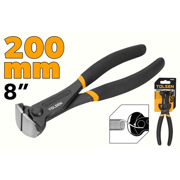 Cleste pentru sarma TOLSEN 200 mm (8"), Otel forjat, Finisaj negru, Maner inclinat, Constructie robusta, Pentru taiere si rasucire sarma, Uz industrial, pentru taiat si indoit sarma de diferite grosimi, lama calita din otel forjat