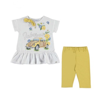 Set Mayoral cu leggings si tricou imprimat cu masinuta pentru bebe fetita, Alb/Galben Set Mayoral cu leggings si tricou imprimat cu masinuta pentru bebe fetita, Alb/Galben