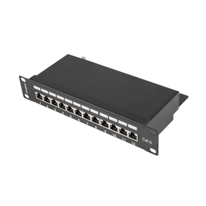 Lanberg csatlakozó panel, 12 port, 1U, 6e, 10”, fekete