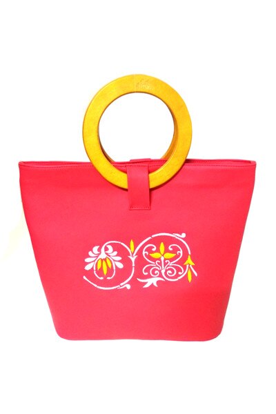 Geanta din piele naturala bordata Shanti, rosie, Amaya, handmade, 27 cm x 27 cm x 10 cm