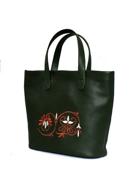 Geanta din piele naturala brodata femei Haniel, verde, Amaya, handmade, 27 cm x 27 cm x 10 cm