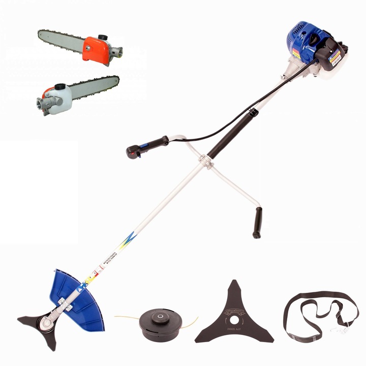 Pachet - Motocositoare pe benzina Micul Fermier 1310, Albastra, 3.4 CP. 43cc, 6.5 kg + Accesoriu de taiat la inaltime