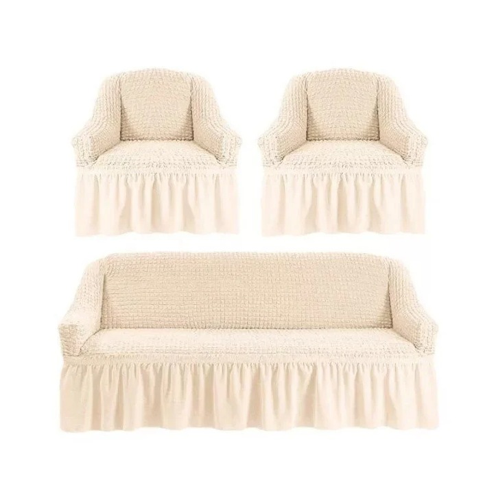 Set 3 bucati huse universale elastice si creponate pentru canapea 3 locuri si 2 fotolii culoare crem, Seredesign