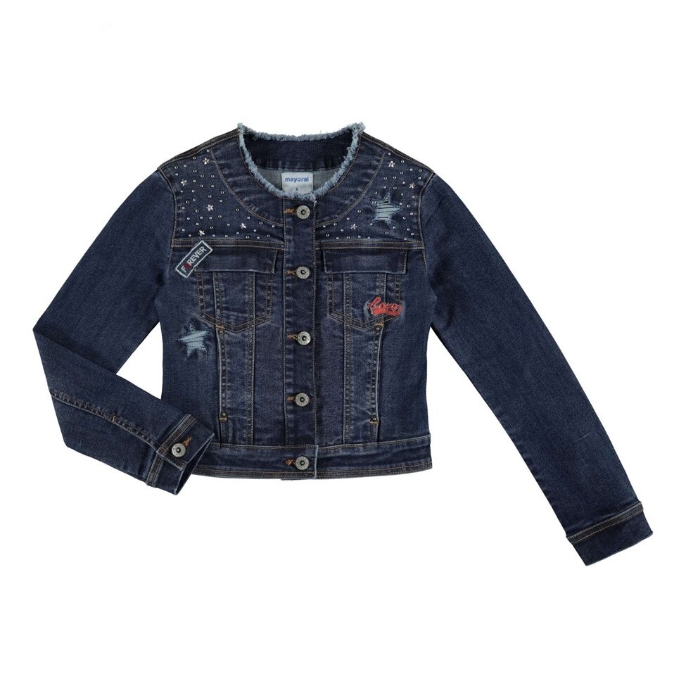Geaca Mayoral din denim cu aplicatii pentru fetita, Albastru marin, 140 CM