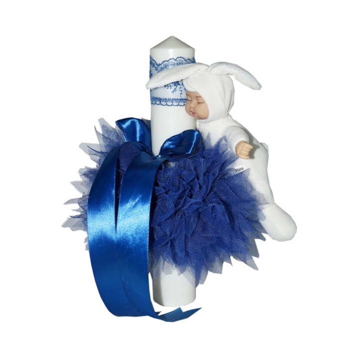 Lumanare botez decor albastru si jucarie iepuras Creativ625