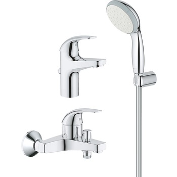 Pachet baterii Grohe Start Curve: baterie cada + baterie lavoar + para de dus cu suport, cartus ceramic, 1/2 Pachet baterii Grohe Start Curve: baterie cada + baterie lavoar + para de dus cu suport, cartus ceramic, 1/2