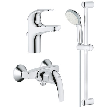 Pachet baterii Grohe Start Curve: baterie dus + baterie lavoar + para de dus cu suport, cartus ceramic, 1/2 Pachet baterii Grohe Start Curve: baterie dus + baterie lavoar + para de dus cu suport, cartus ceramic, 1/2