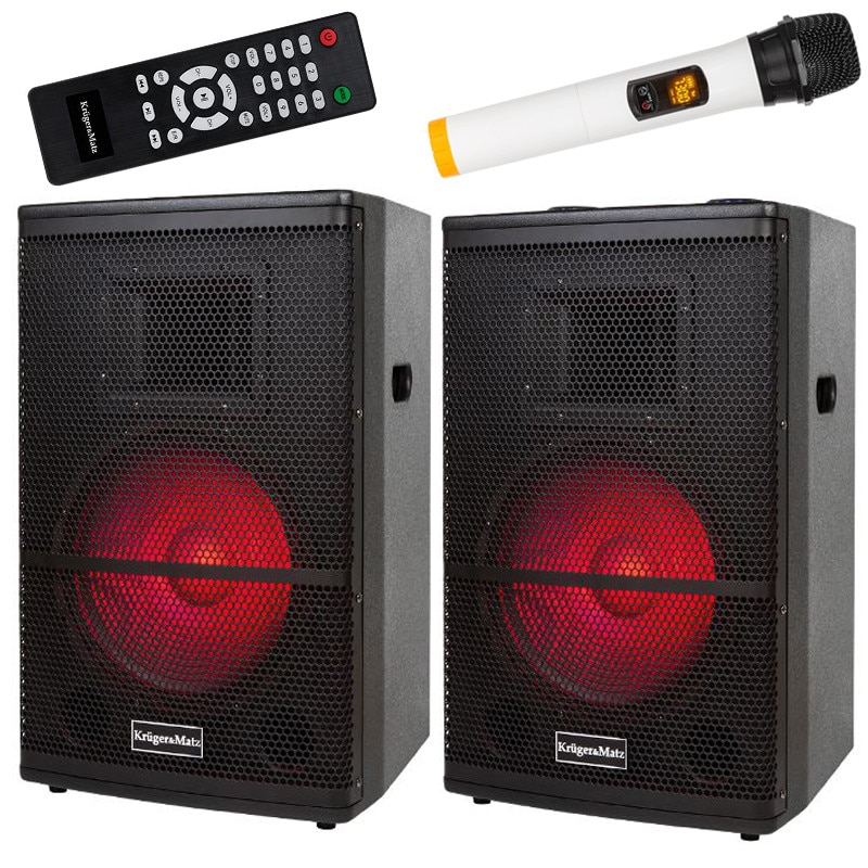 Set 2 boxe profesionale portabile KRUGER&MATZ DP-1427-AC, 2 x 150 W, Bluetooth, FM, USB, CardSD, AUX, Karaoke, 2 intrari microfon, Egalizator, Microfon Wireless