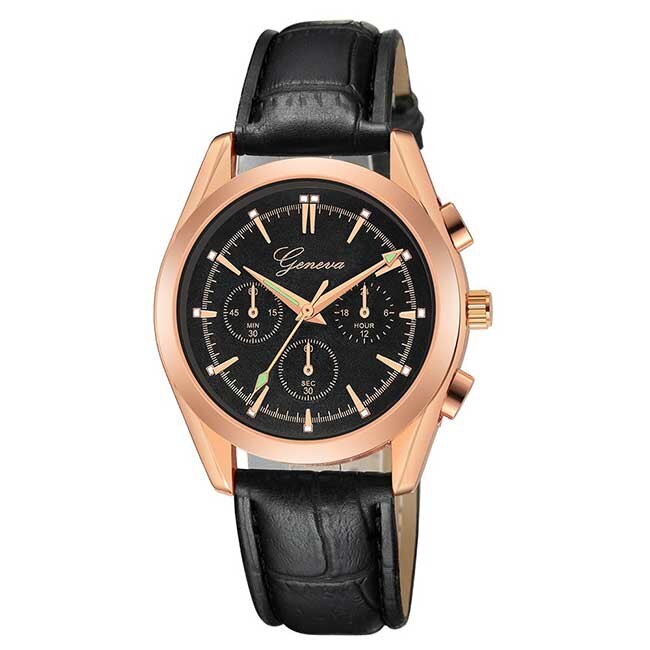Ceas Unisex Quartz Geneva Casual Elegant Negru-rose, CP9506NRE, curea din piele, afisaj analog