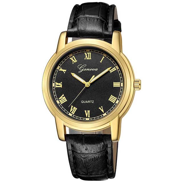 Ceas Unisex Quartz Geneva Casual Elegant Negru-gold, CP9508NGD, curea din piele, afisaj analog