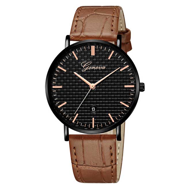 Ceas Geneva Unisex Quartz Casual Elegant Negru-rose, PN999528NRE, curea din piele, afisaj Analog