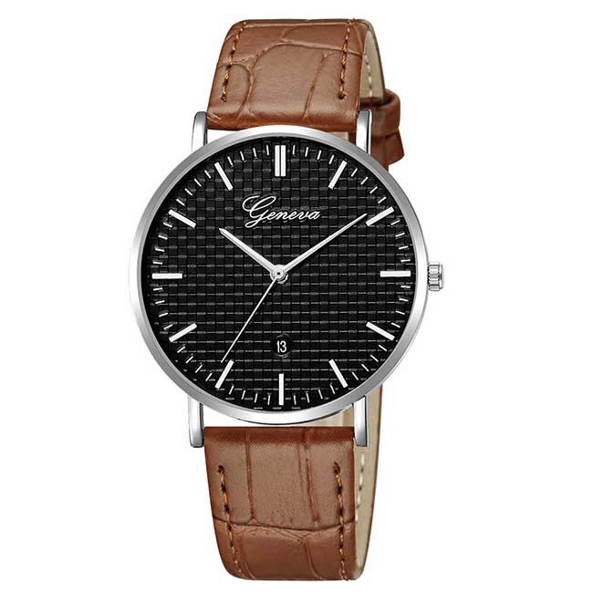 Ceas Unisex Quartz Geneva Casual Elegant Negru-silver, CP9528NSR, curea din piele, afisaj analog