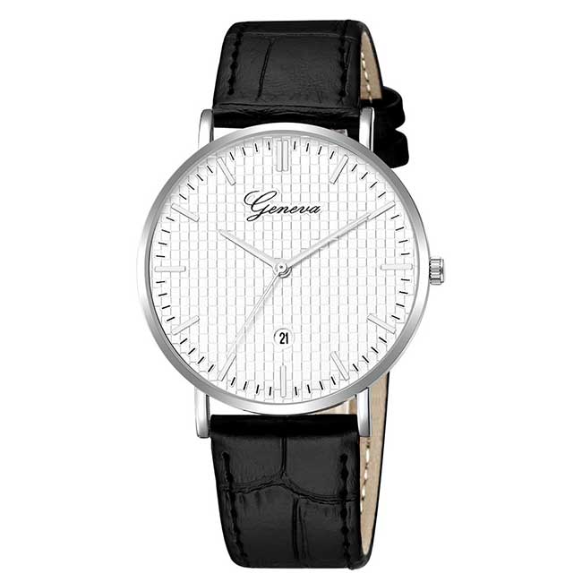 Ceas Unisex Quartz Geneva Casual Elegant Alb-negru, CP9528ANU, curea din piele, afisaj analog
