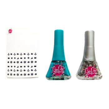 Set 2 oje Bo-Po Nautical Collection cu 300 abtibilduri pentru unghii - oja turcoaz si gri Set 2 oje Bo-Po Nautical Collection cu 300 abtibilduri pentru unghii - oja turcoaz si gri