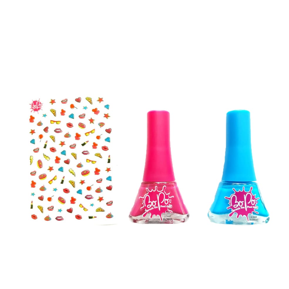 Set 2 oje Bo-Po Glam Collection cu 300 abtibilduri pentru unghii - oja roz inchis si albatru