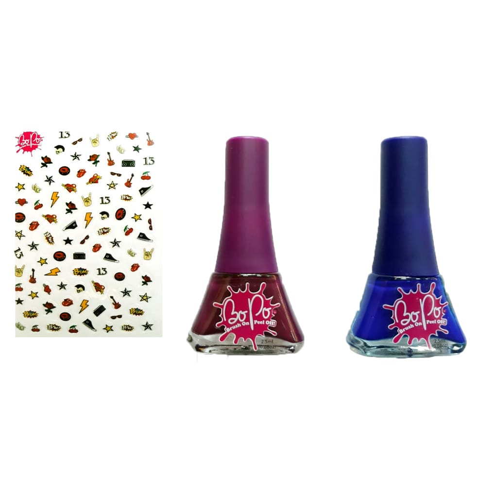 Set 2 oje Bo-Po Pretty Punk Collection cu 300 abtibilduri pentru unghii - oja indigo si mov