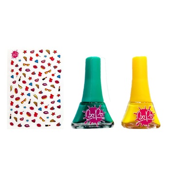 Set 2 oje Bo-Po Glam Collection cu 300 abtibilduri pentru unghii - oja galben si turcoaz Set 2 oje Bo-Po Glam Collection cu 300 abtibilduri pentru unghii - oja galben si turcoaz