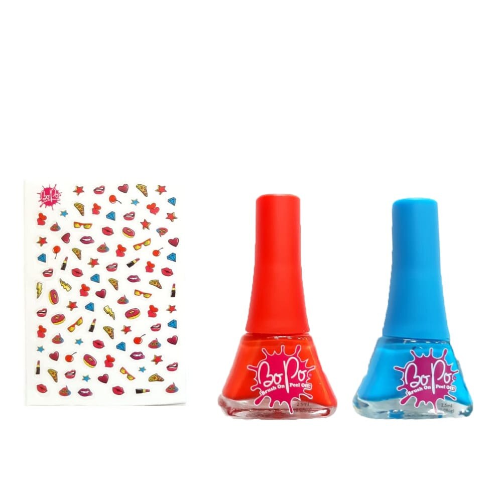 Set 2 oje Bo-Po Glam Collection cu 300 abtibilduri pentru unghii - oja rosie si albastra