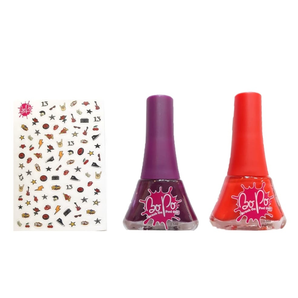 Set 2 oje Bo-Po Glam Collection cu 300 abtibilduri pentru unghii - oja rosie si mov