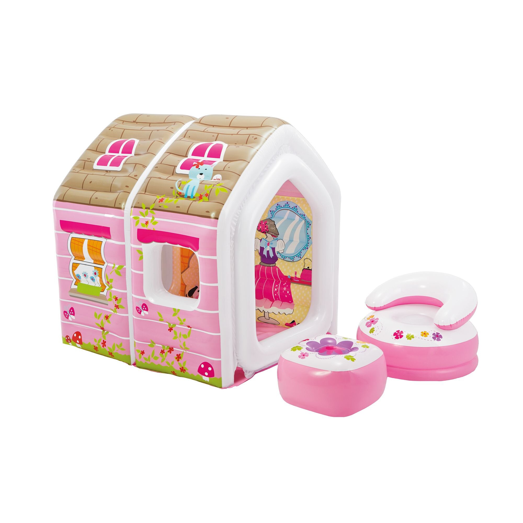 Spatiu de joaca Casa golflabila pentru fetite , Roz, ATS + fotoliu si scaun si kit de reparatie , pentru interior sau exterior